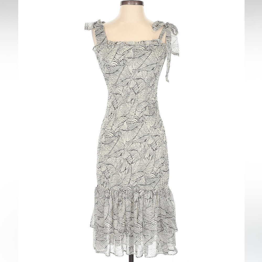 Lena Black and White Leaf-Print Midi Dress
